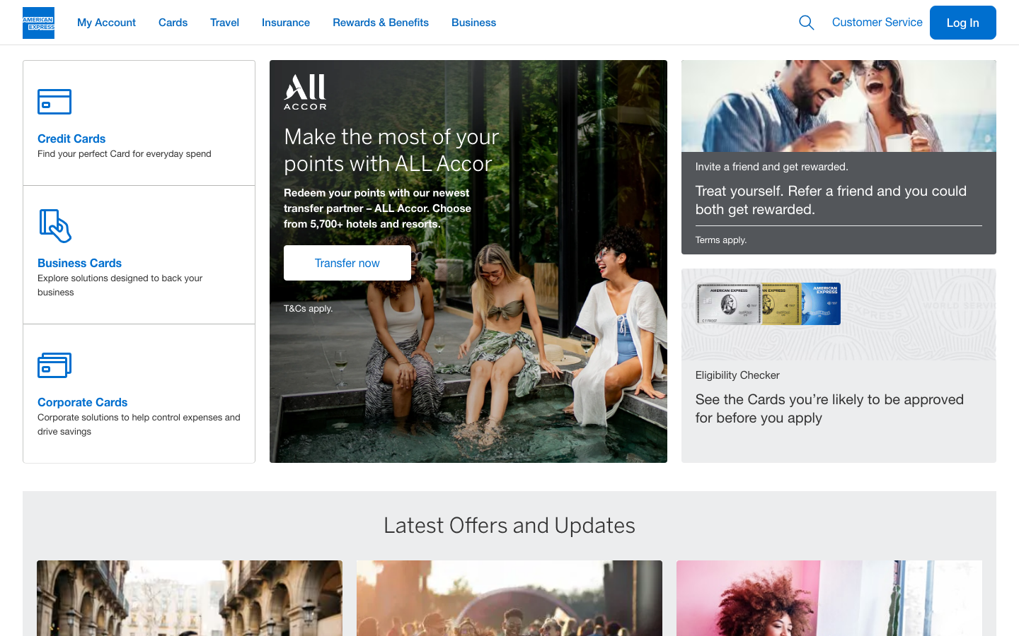 Screenshot of americanexpress.com official UK homepage showing credit, business and corporate card products only