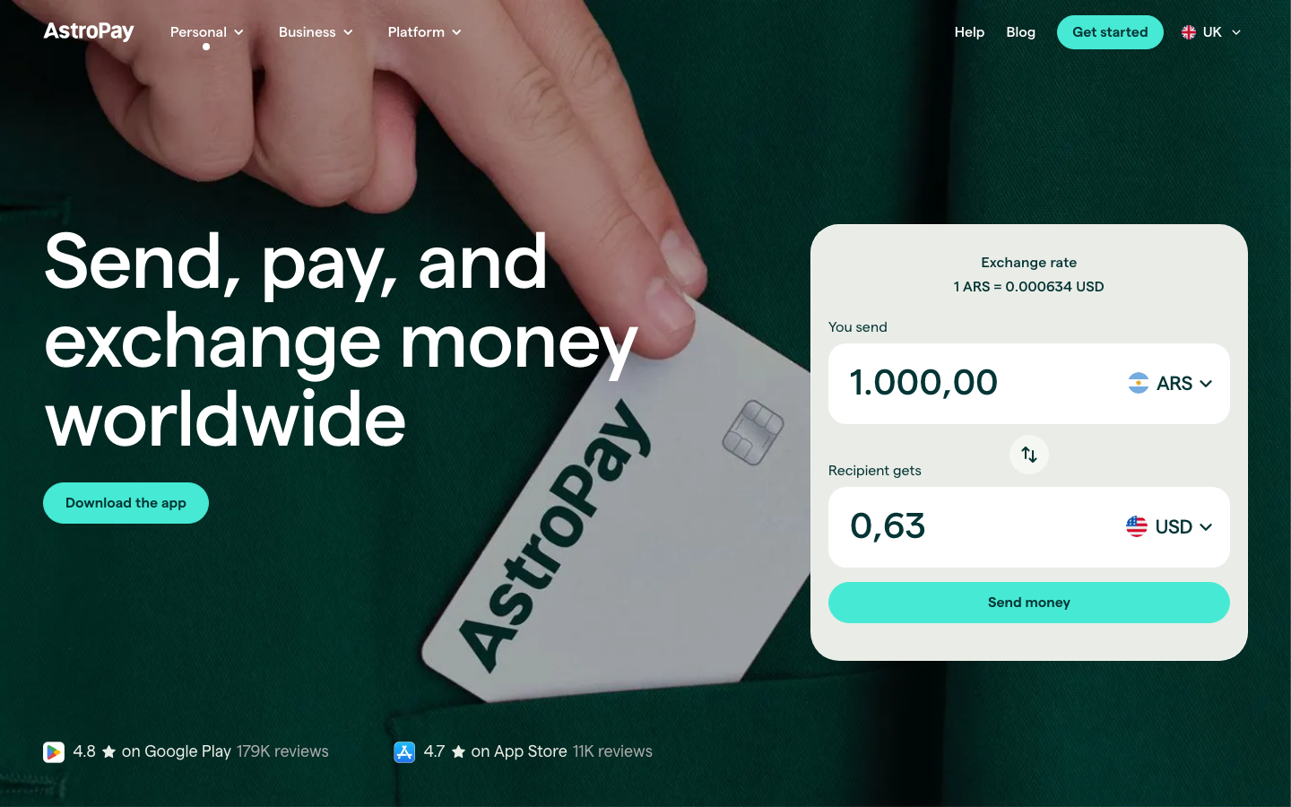 Screenshot of astropay.com official homepage in UK region, showing 4.8 star Google Play rating from 179K reviews and 4.7 star App Store rating from 11K reviews
