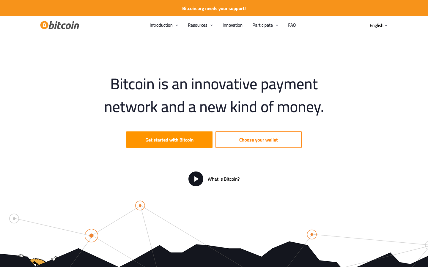 Screenshot of bitcoin.org official homepage — an innovative payment network and a new kind of money