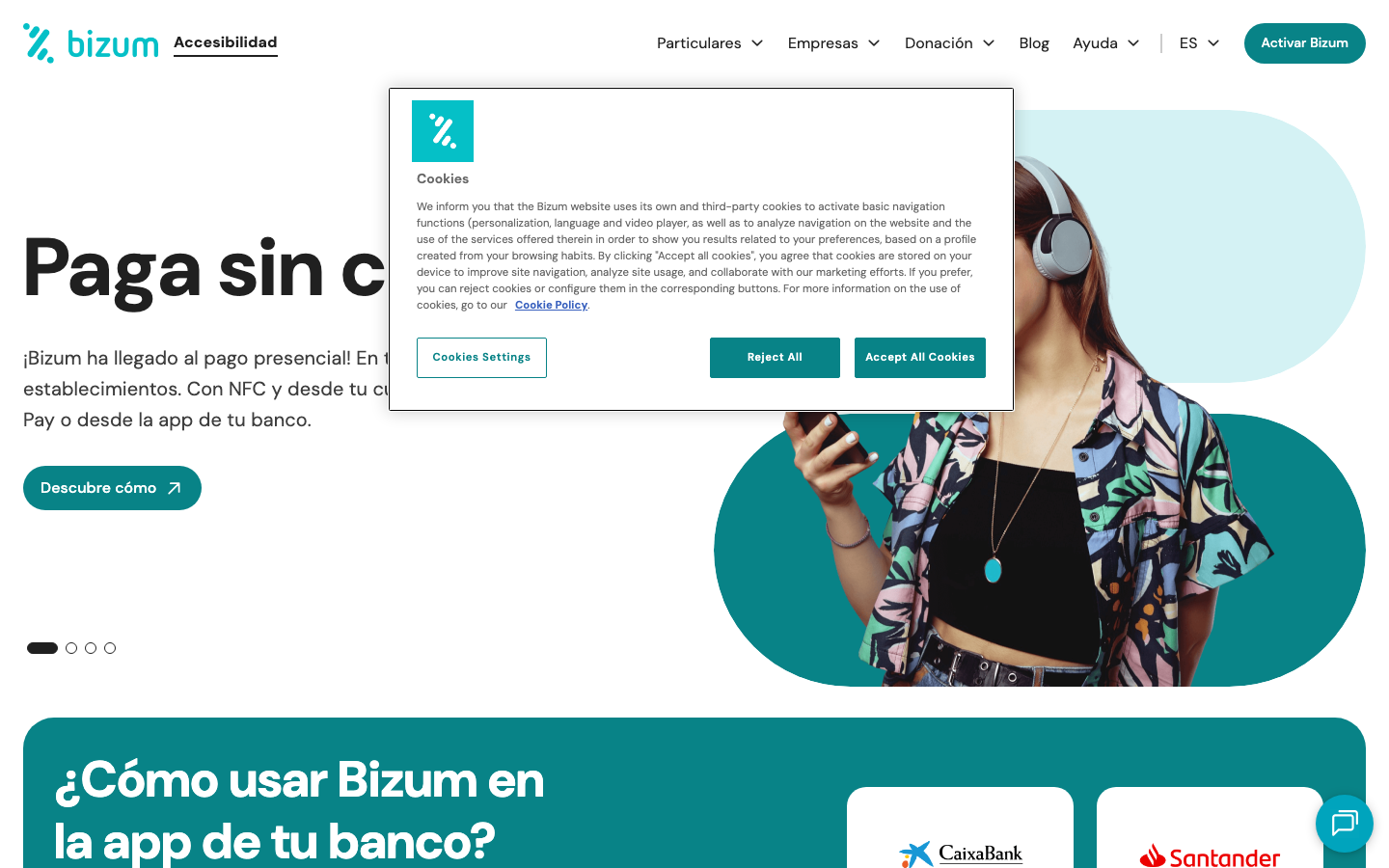 Screenshot of the official Bizum homepage showing the bank-integrated instant payment service