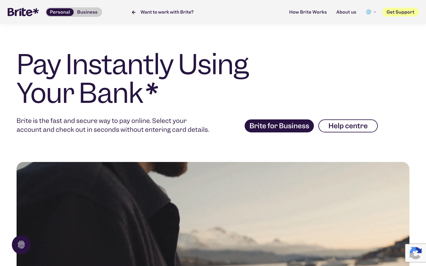 Screenshot of the official Brite Payments homepage showing its instant pay-by-bank positioning