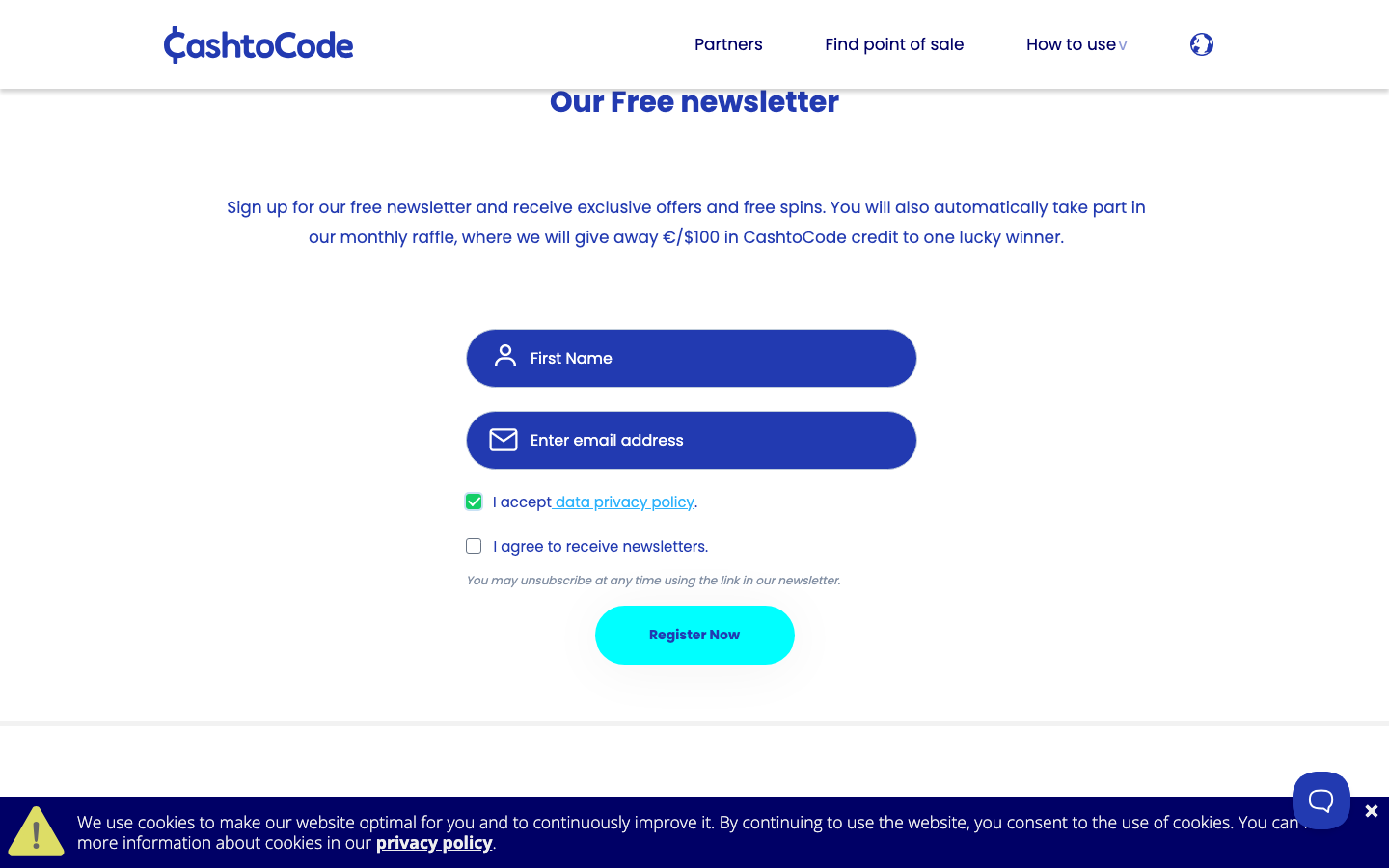 Screenshot of the official CashtoCode UK site showing its cash-payment proposition