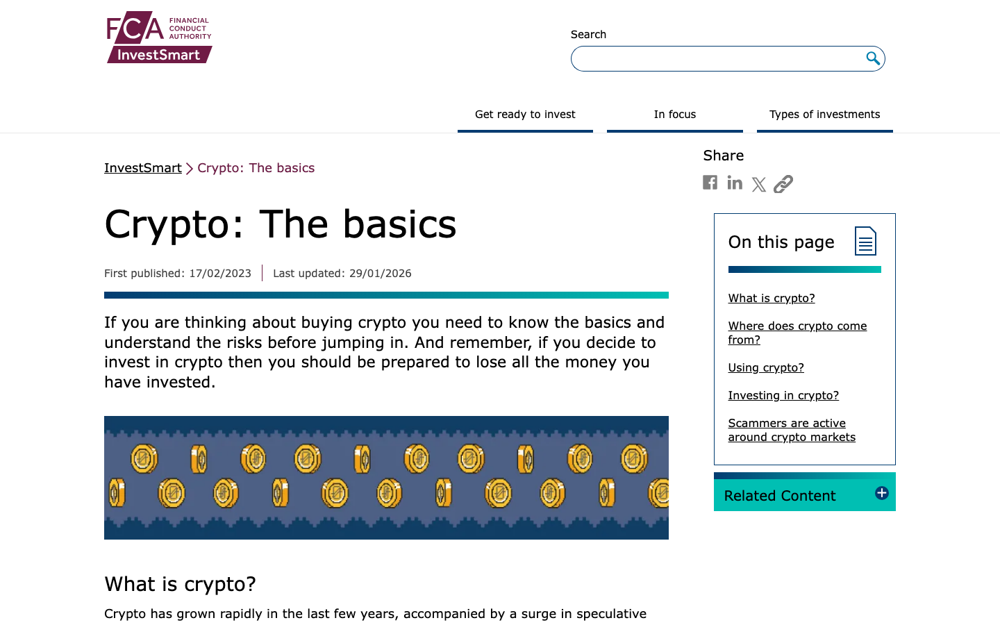 Screenshot of the FCA InvestSmart Crypto: The Basics consumer warning page