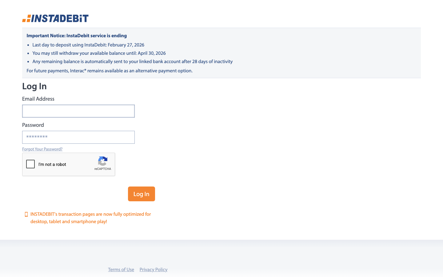 Screenshot of instadebit.com showing its official service discontinuation notice