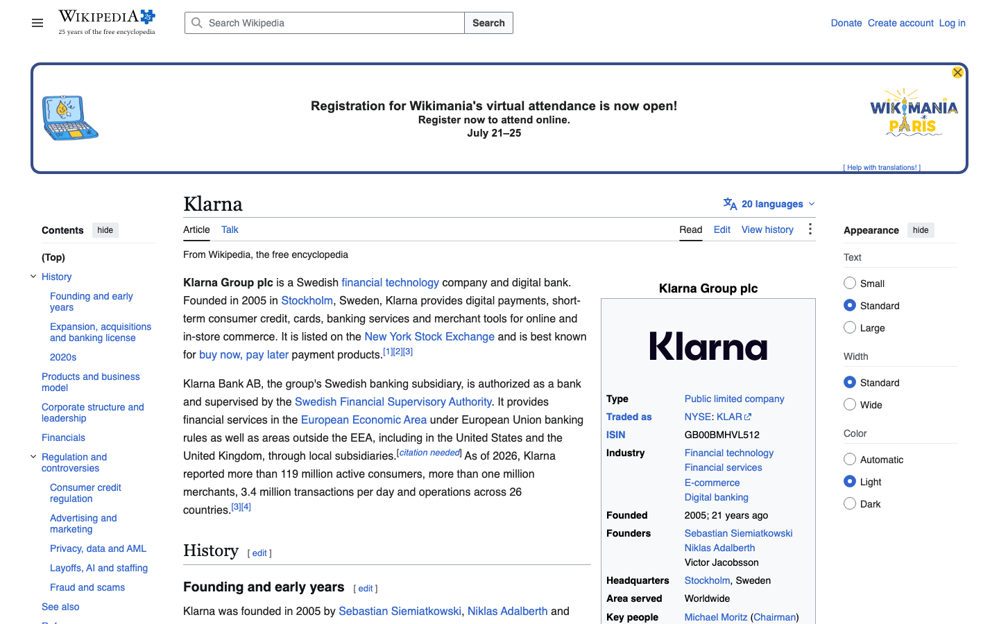 Wikipedia entry for Klarna Group plc showing its NYSE listing and current scale