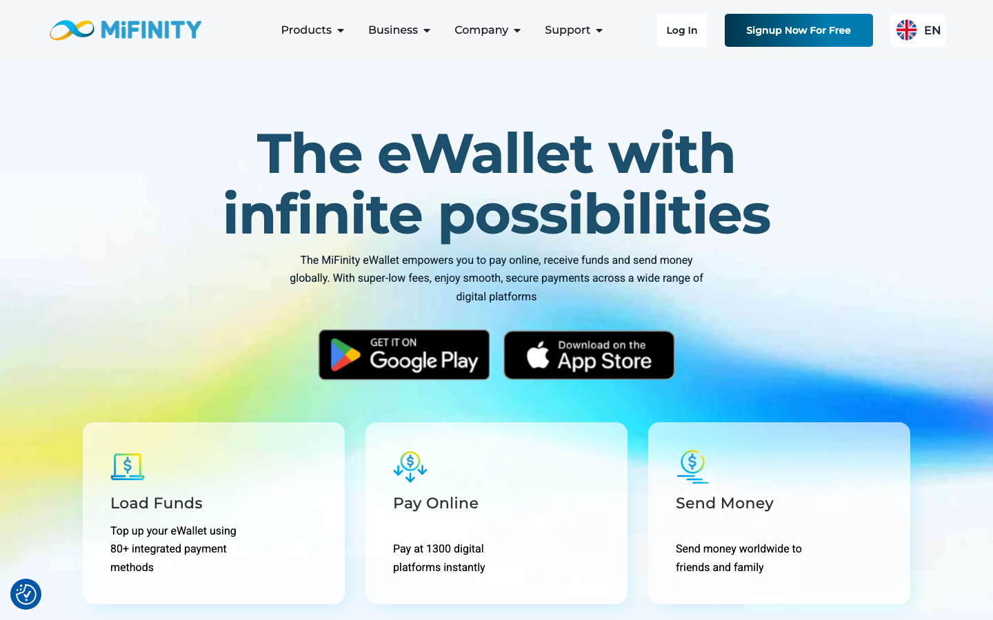 Screenshot of mifinity.com official homepage
