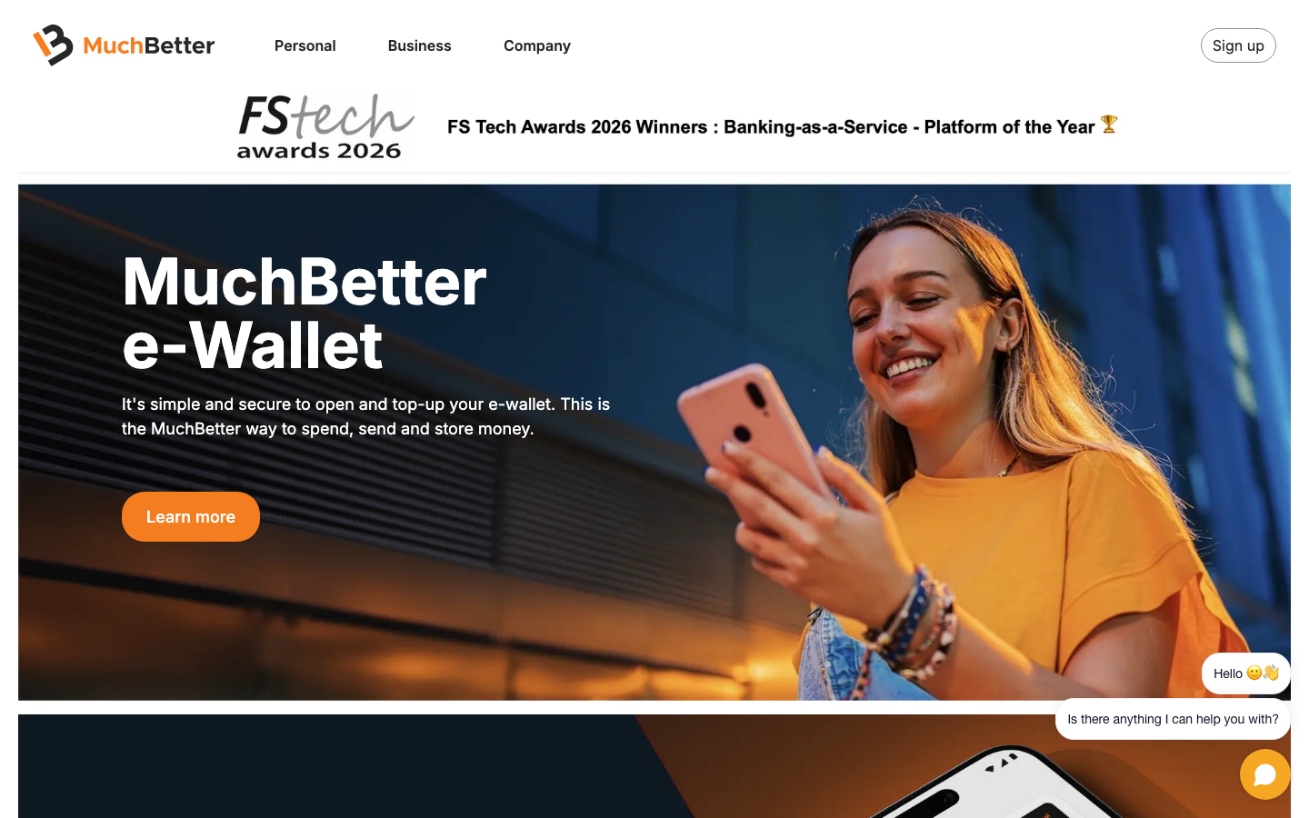Screenshot of muchbetter.com official homepage showing FS Tech Awards 2026 win