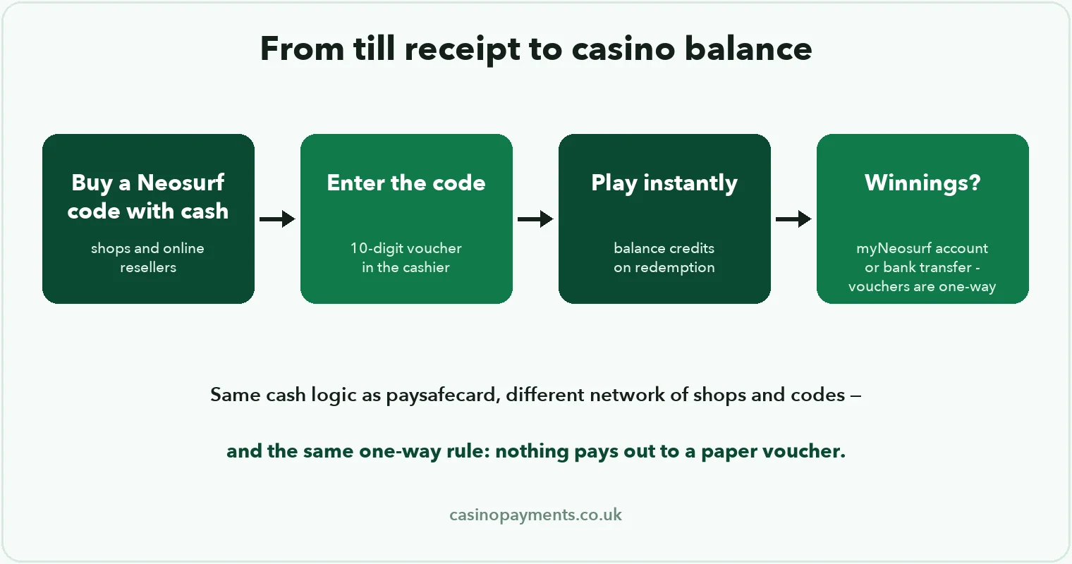 Diagram: Neosurf flow — buy a code with cash, enter it in the cashier, play instantly, winnings exit by myNeosurf or bank transfer