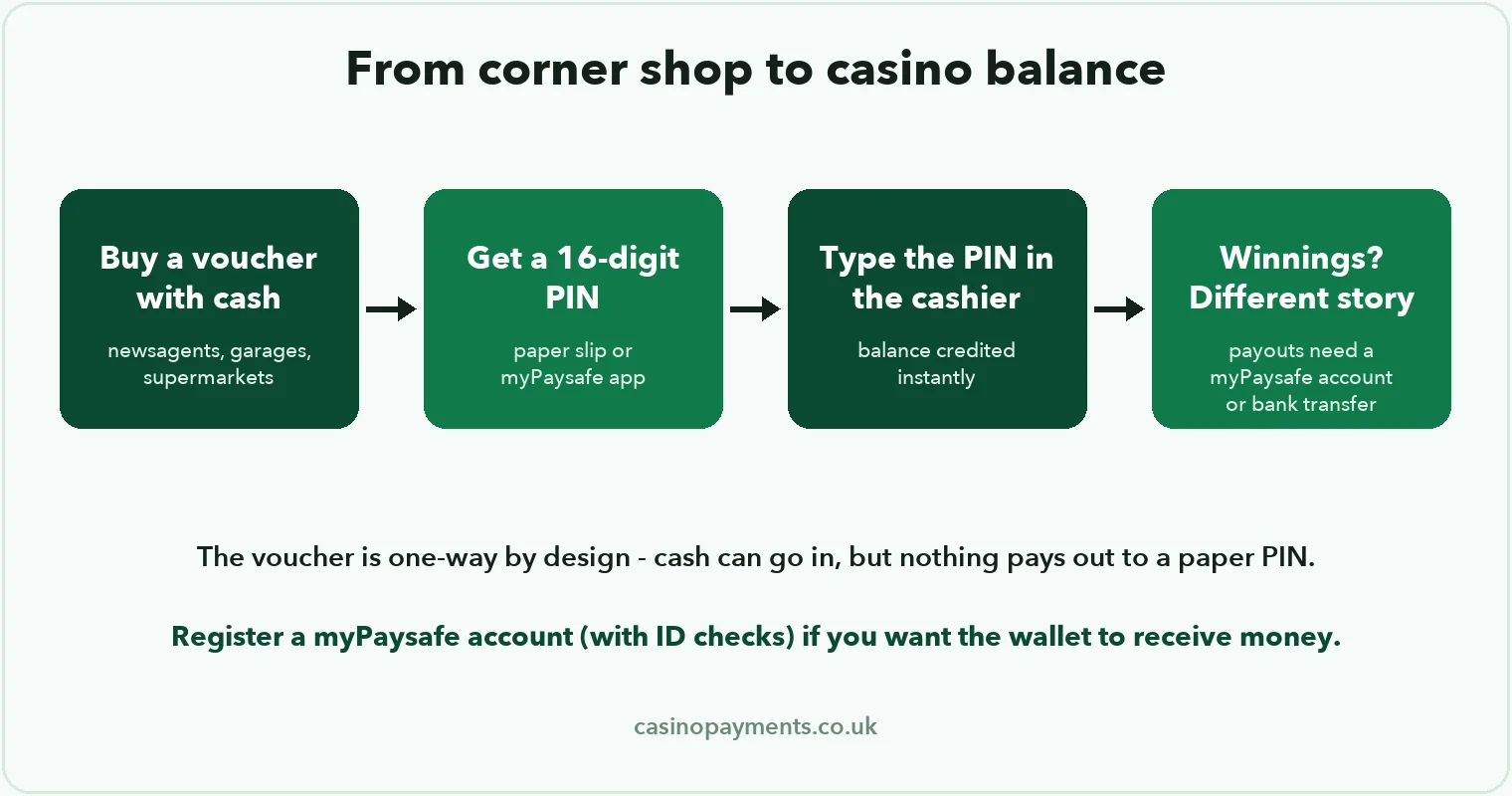 Diagram: paysafecard flow — buy voucher with cash, get 16-digit PIN, enter in cashier, payouts need a myPaysafe account or bank transfer