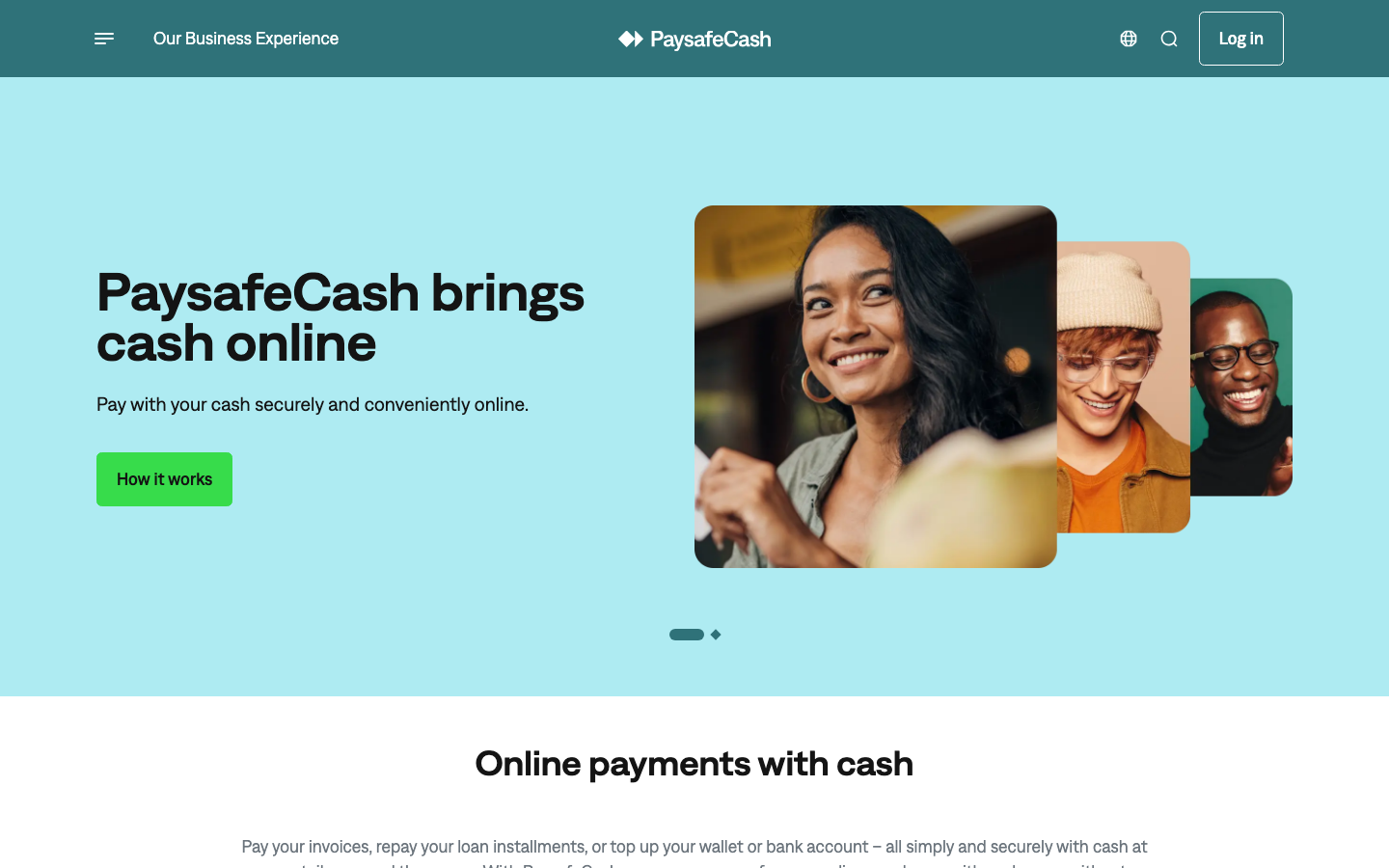 Screenshot of the official Paysafecash homepage showing its cash-payment proposition