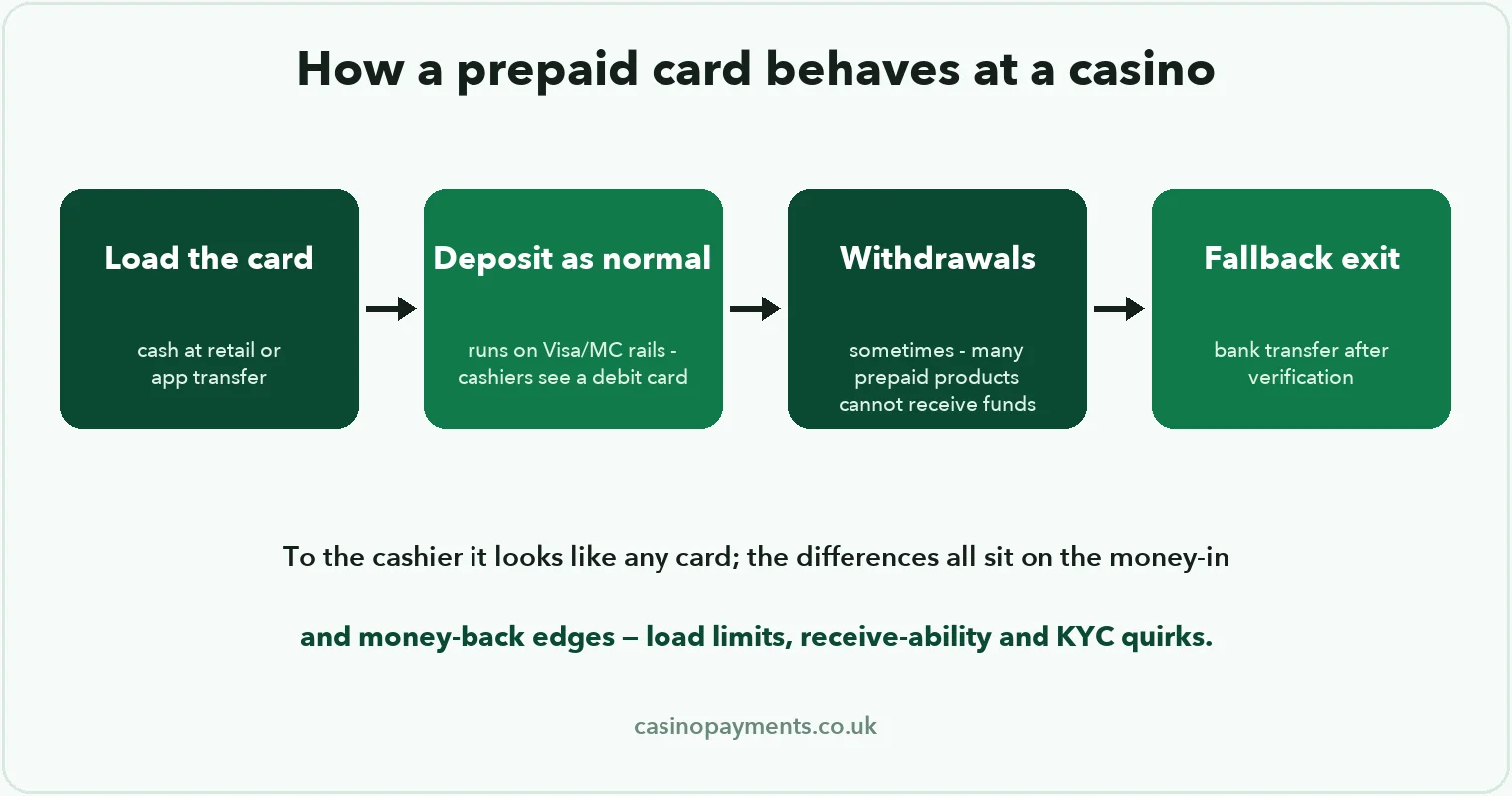 Diagram: prepaid card at a casino — load with cash or app, deposit on card rails, withdrawals depend on the product, bank transfer as fallback exit