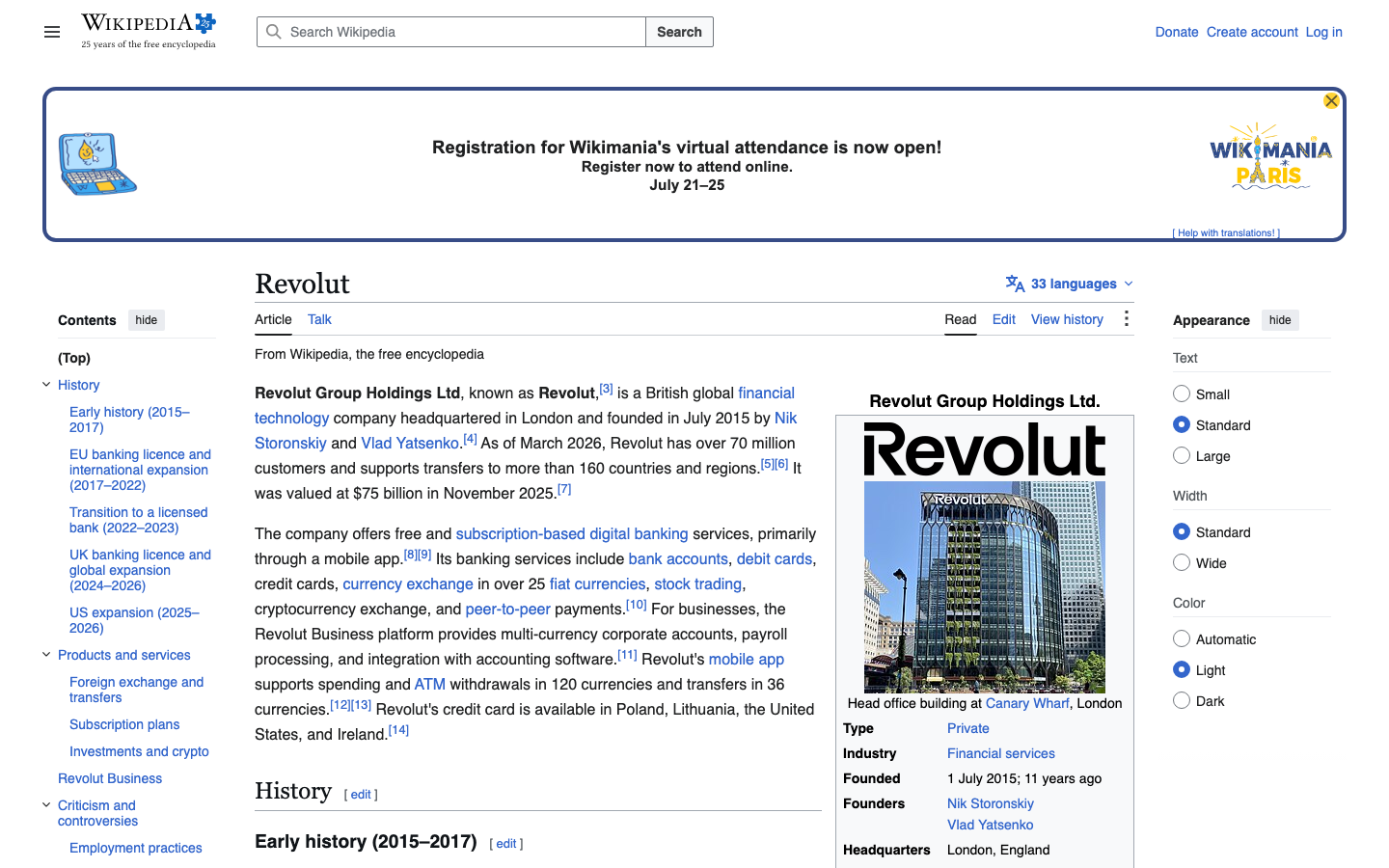 Wikipedia entry for Revolut Group Holdings Ltd, cross-checked against the official FCA Financial Services Register