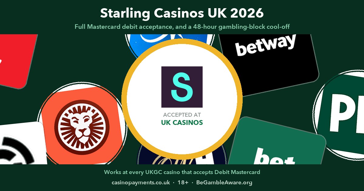 Starling casinos UK 2026 — Starling badge surrounded by Betfred, Virgin Games, PlayOJO and other card-accepting UKGC brands