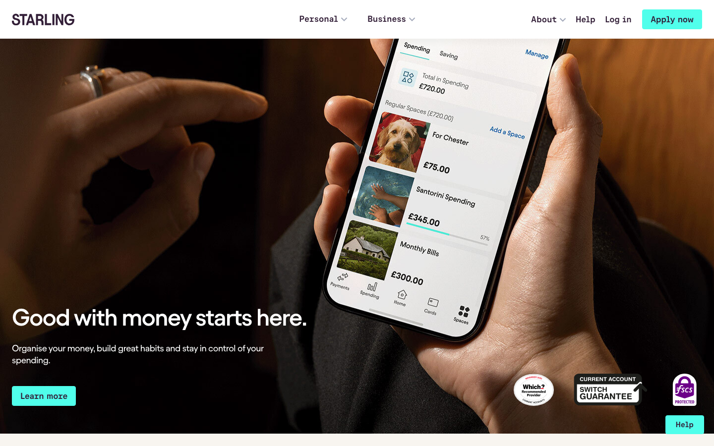 Screenshot of starlingbank.com official homepage with FSCS badge and Which? November 2025 award