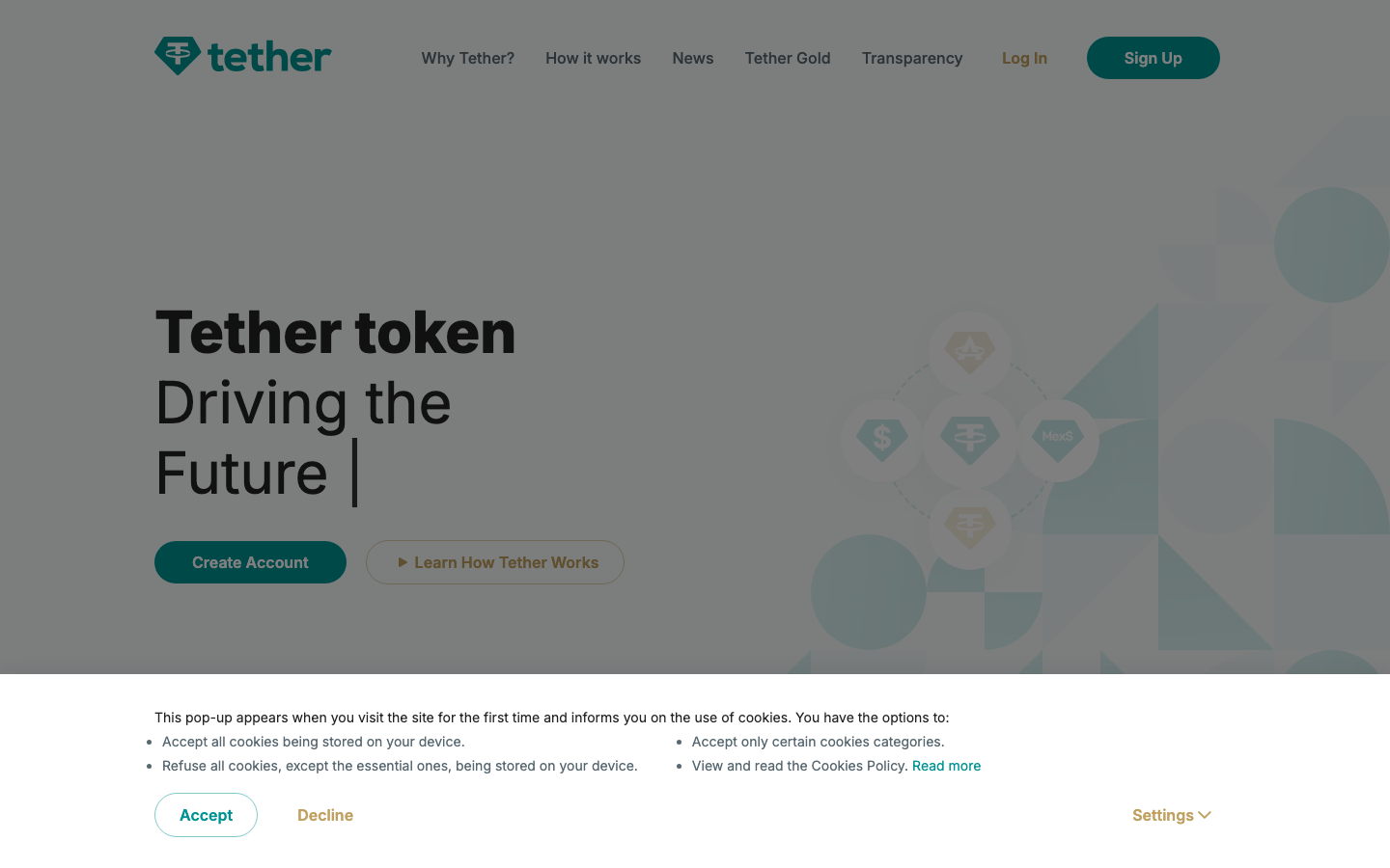 Screenshot of tether.to official homepage — Tether token, with Transparency section in the navigation