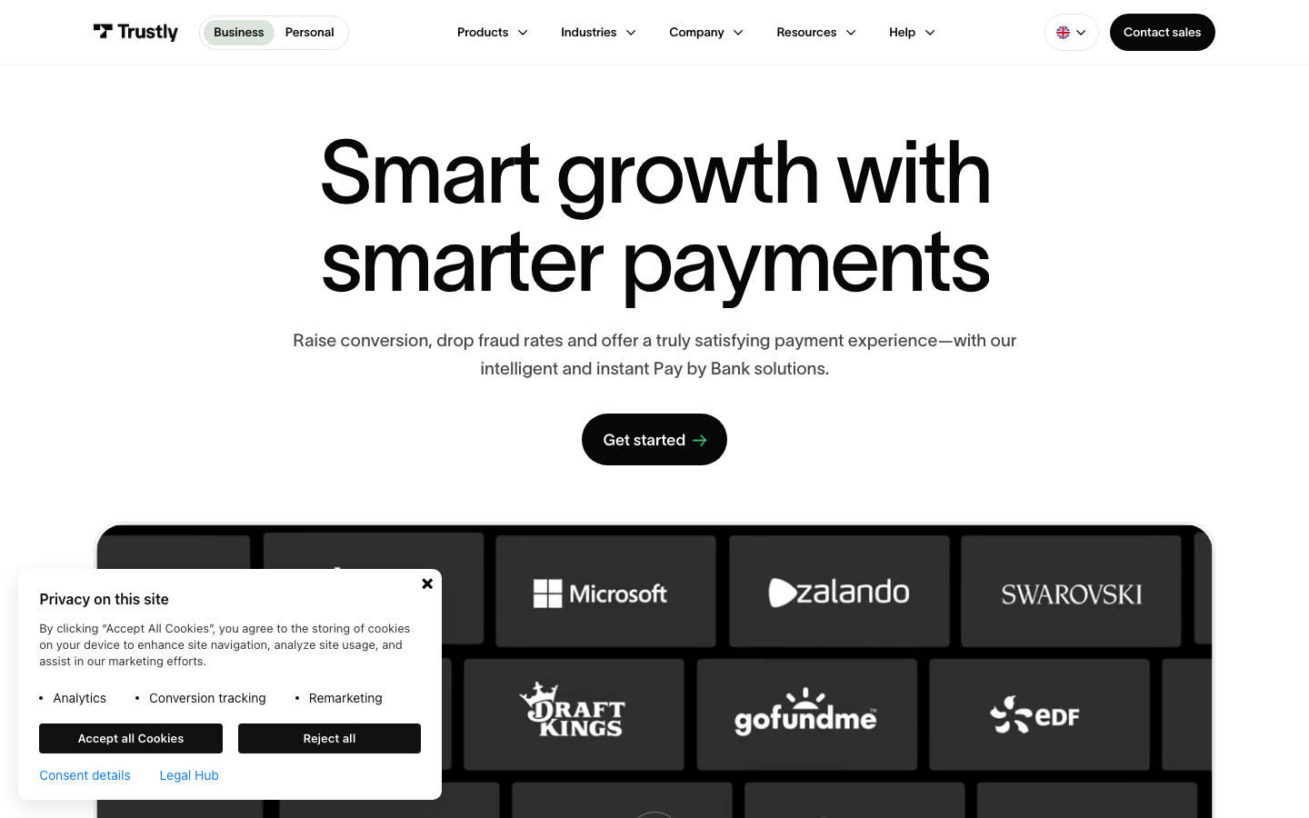 Screenshot of trustly.com official homepage showing client brands including DraftKings