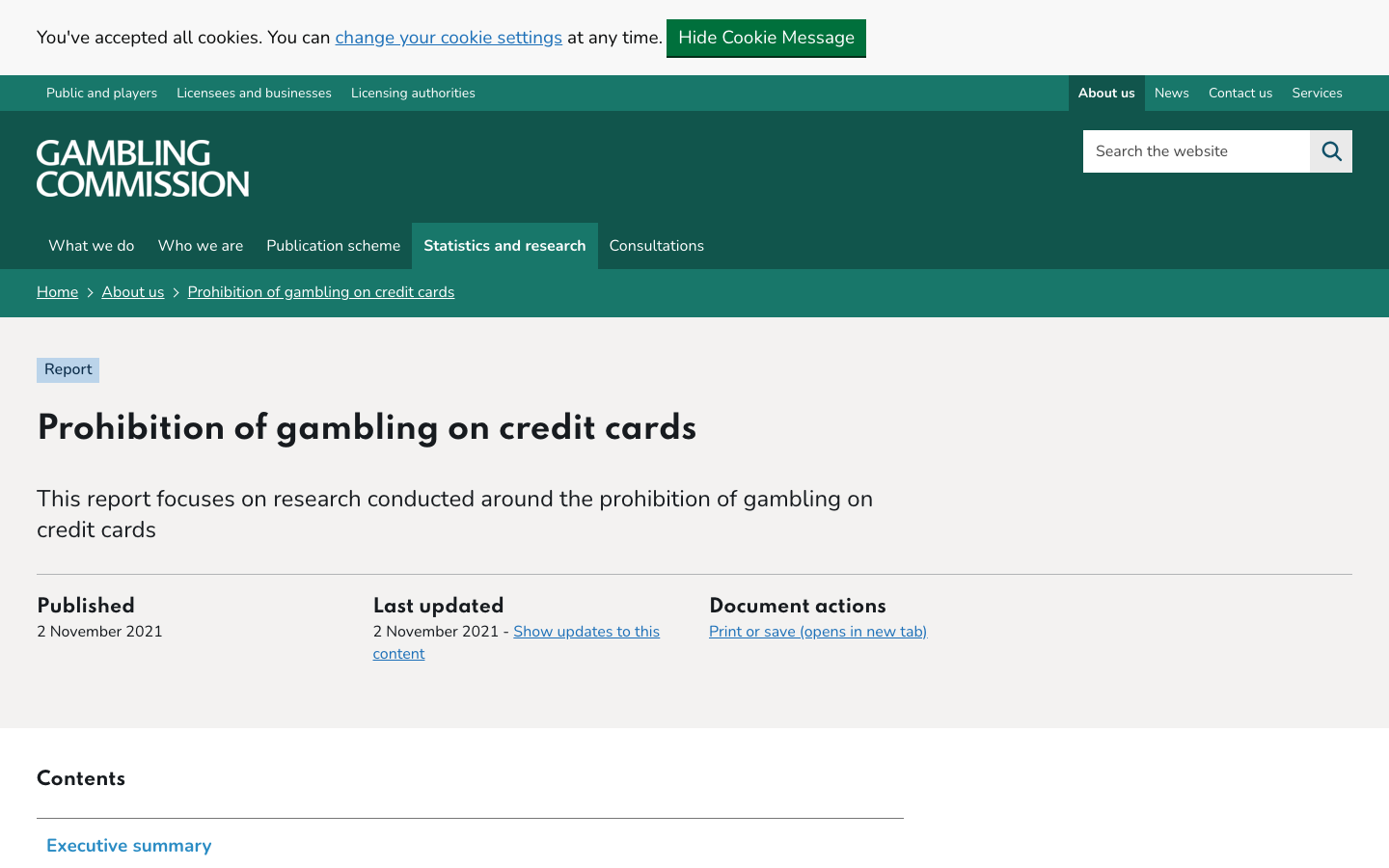 Screenshot of the Gambling Commission official report on the prohibition of gambling on credit cards