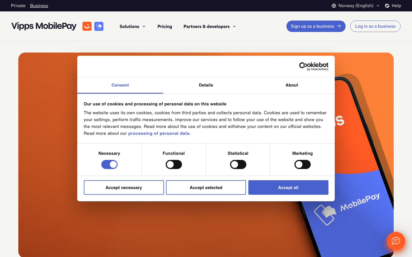 Screenshot of vippsmobilepay.com official homepage