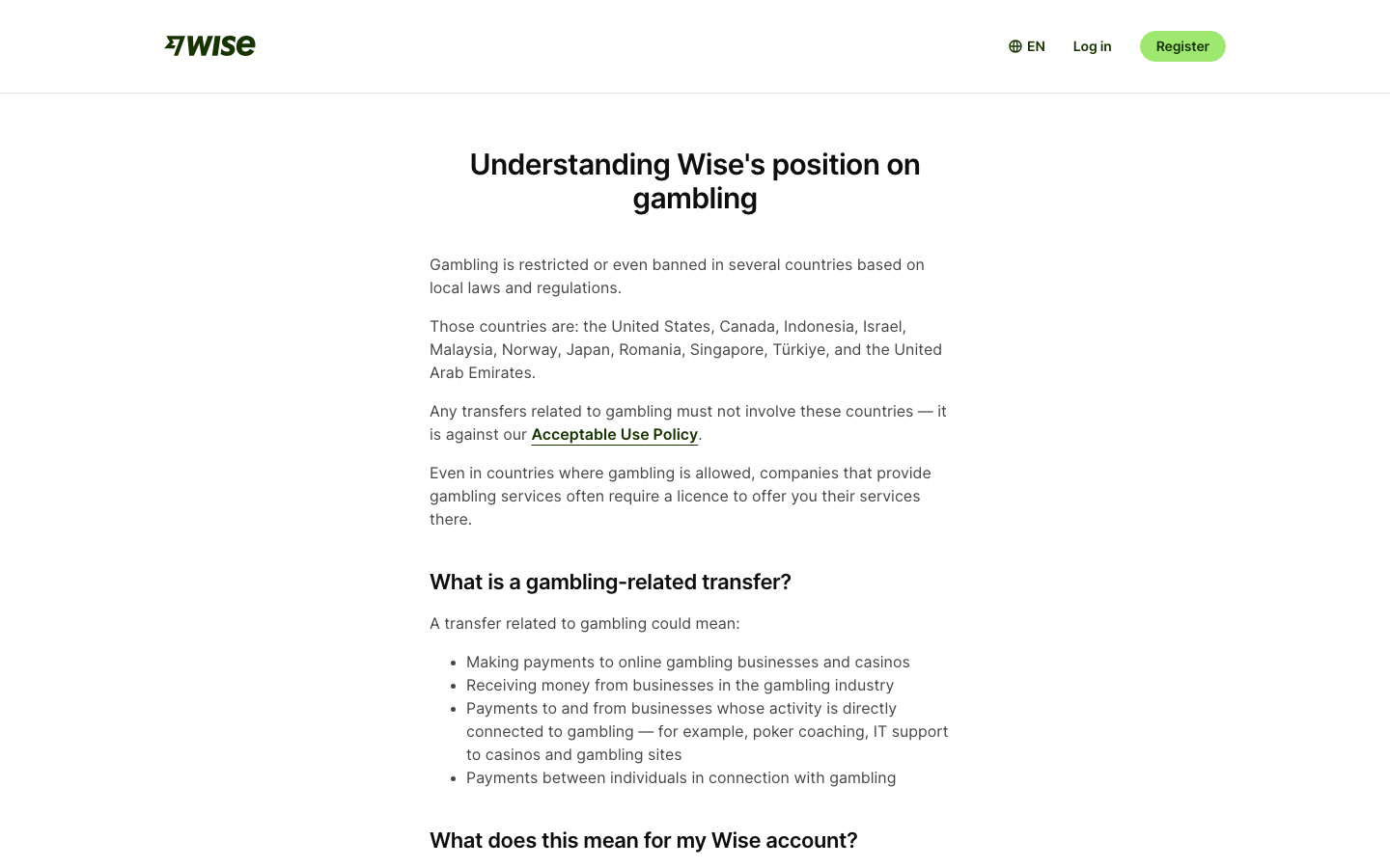 Screenshot of the official Wise help centre page explaining Wise’s position on gambling and its restricted countries